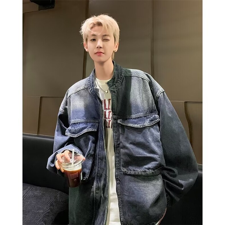 复古宽松大口袋立领牛仔外套男休闲拉链夹克上衣潮7000P63，男装夹克，星座410-2