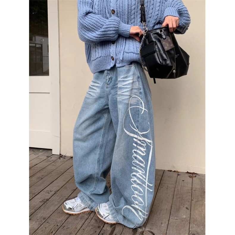 美式街头个性休闲趣味直筒宽松阔腿牛仔裤男女长裤，男装牛仔裤，四季星座505