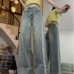 浅蓝复古窄版直筒牛仔裤女春秋高腰宽松九分翻边拼接大小码阔腿裤图片