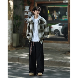 潮宽松连帽格子假两件情侣长袖外套XZ402-2-P78控108-JK2506货足图片