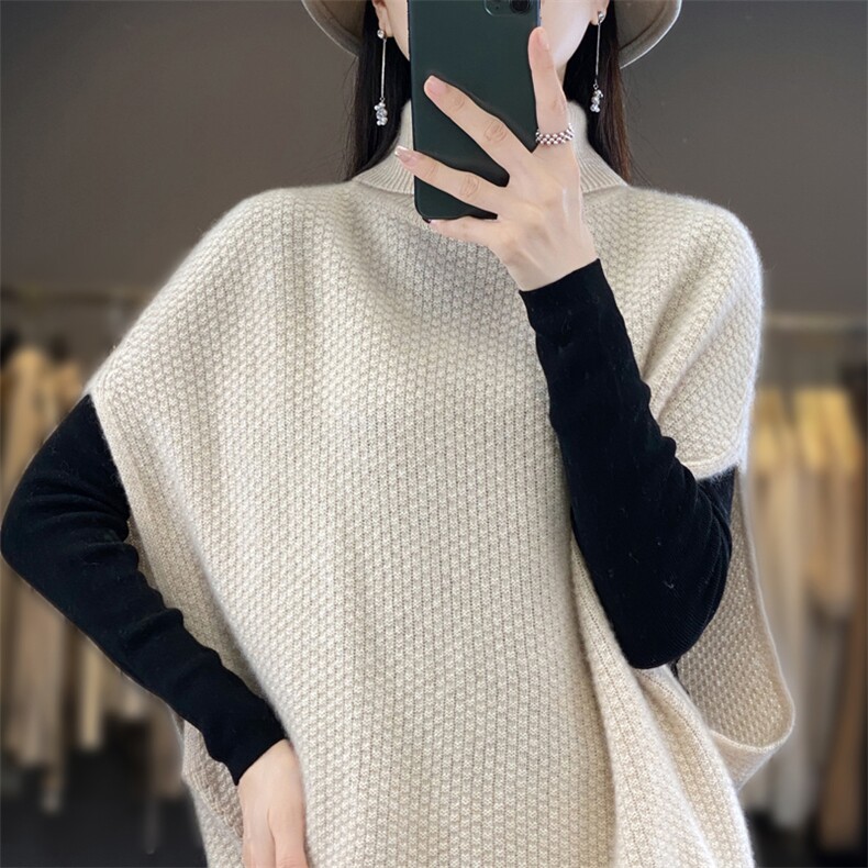 秋冬新款100%羊毛衫马甲女高领蝙蝠袖坎肩宽松慵懒羊绒衫针织毛衣,女装羊毛衫,迅太羊绒