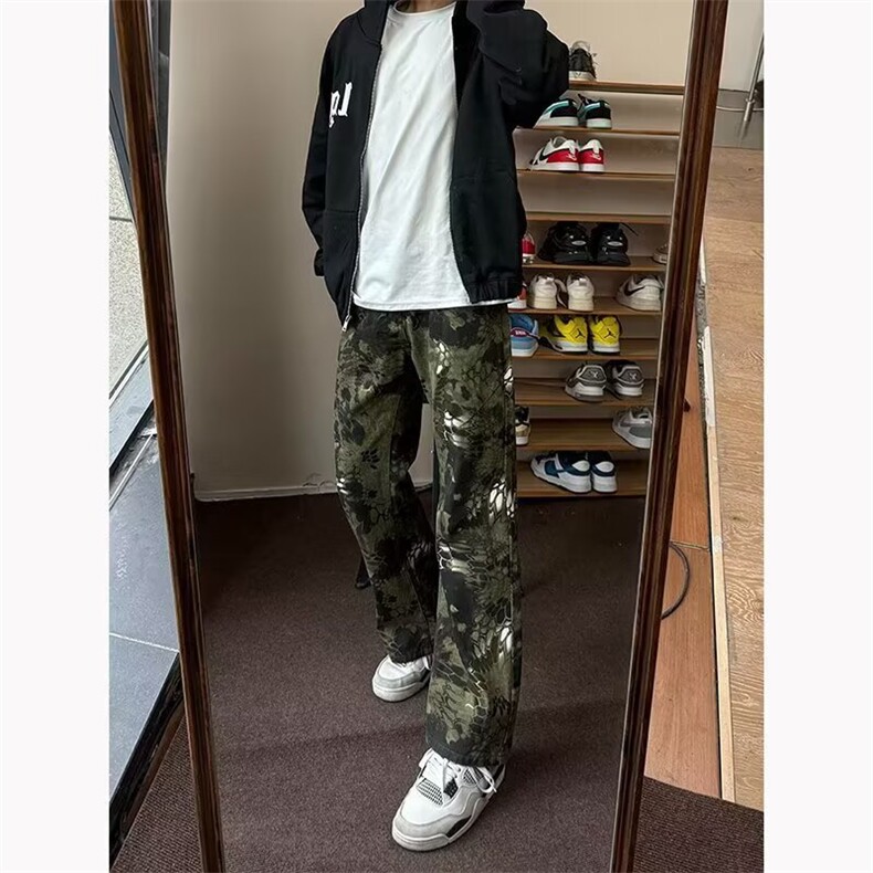 日系潮流百搭气质简约慵懒新款ins原宿绿色蛇纹牛仔裤网图,男装牛仔裤,星座302B-2