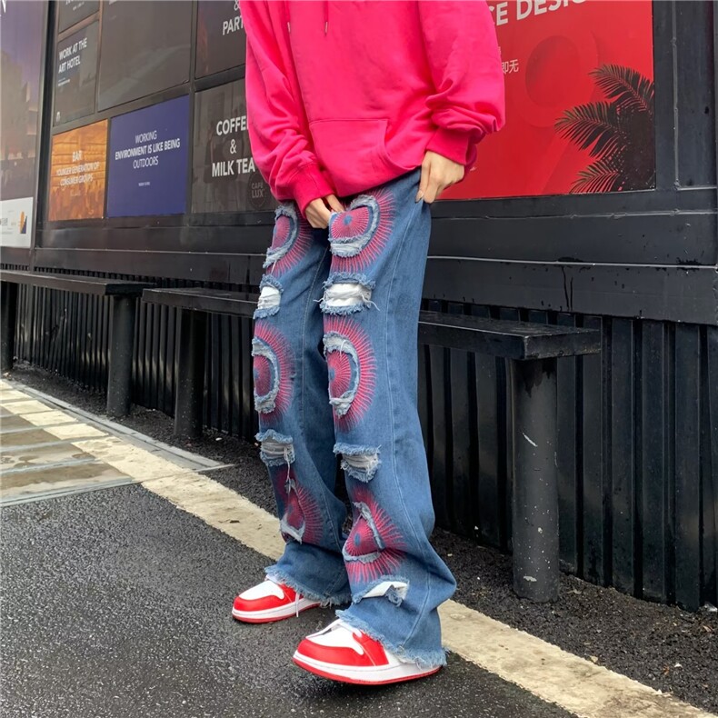美式高街牛仔裤男韩版潮流刺绣个性帅2025秋冬ins长裤RK1126-P66图片