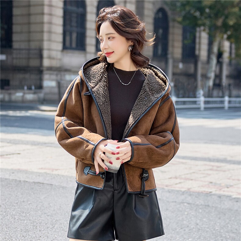 时尚休闲连帽麂皮绒皮毛一体外套女2025秋冬新款加绒加厚保暖棉衣,女装短外套,沁沁公主