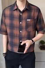2025新款冰丝短袖格子衬衫男士翻领潮牌宽松上衣A313-W8012-P75，男装T恤，电商A313