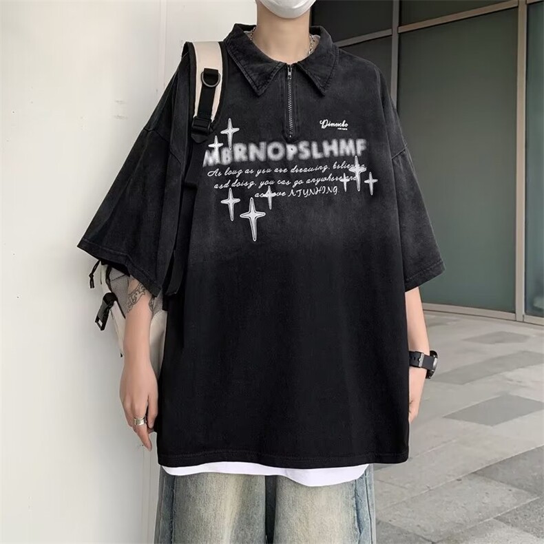 翻领短袖T恤男百搭休闲打底五分袖POLO衫洗水做旧渐变HT107P40,男装Polo衫,星座1116-2