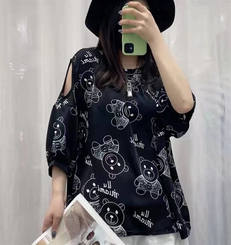 活动价露肩宽松大版雪纺衫休闲百搭印花小熊小衫上衣高品质图片