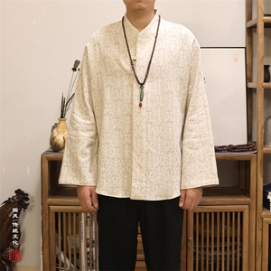 春季新款风男装棉麻提花男士禅意心中改良汉服衬衣C248P75图片