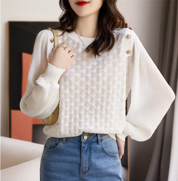 法式春装新款上衣设计感欧货时尚洋气减龄显瘦甜美漂亮针织小衫，女装蕾丝衫/雪纺衫，美吧服饰
