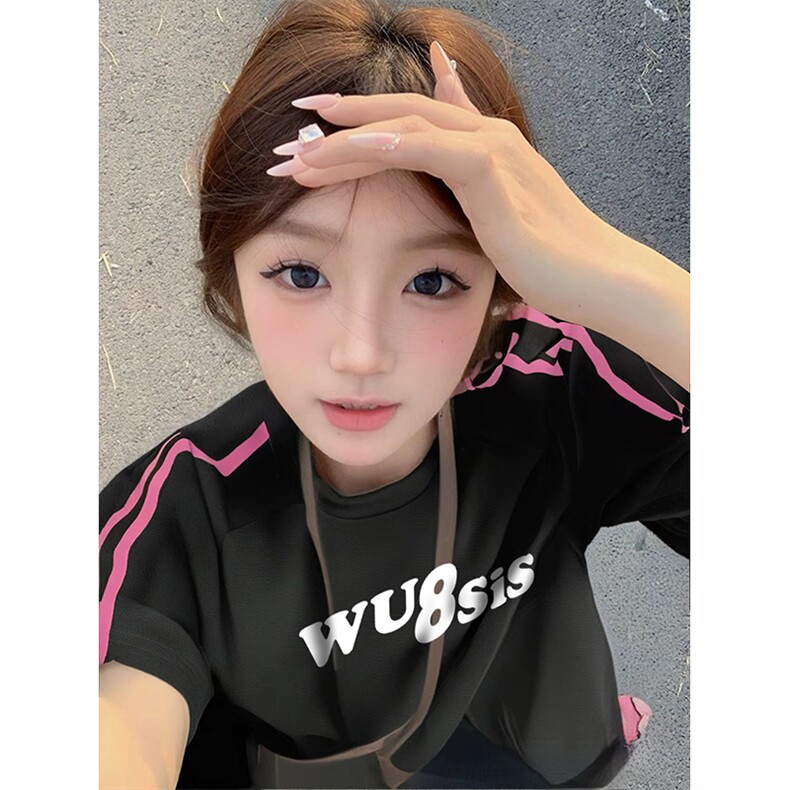 抖音得物品质二开240克宽松纯棉美式潮牌印花三条杠中性风短袖T恤,男装T恤,电商A486