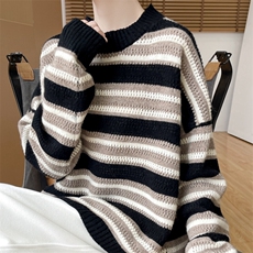 2025秋冬新款圆领长袖条纹针织衫，女装羊毛衫，浙麦羊绒