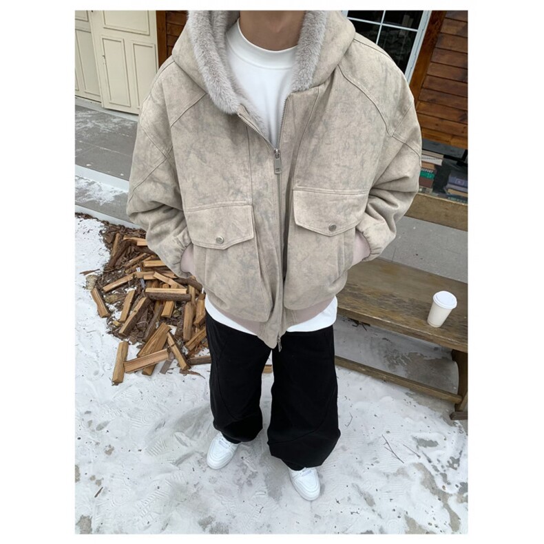 美式复古拼毛皮外套男痞帅连帽美式工装夹克棉衣棉服,男装夹克,四季星座505