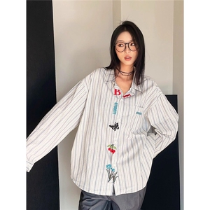 美式复古条纹刺绣长袖衬衫男女宽松休闲情侣衬衣春秋上衣外套潮潮图片