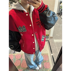 美式毛呢重磅撞色pu皮拼接夹克外套男秋冬情侣棒球服W6899-P65，男装夹克，星座412-3