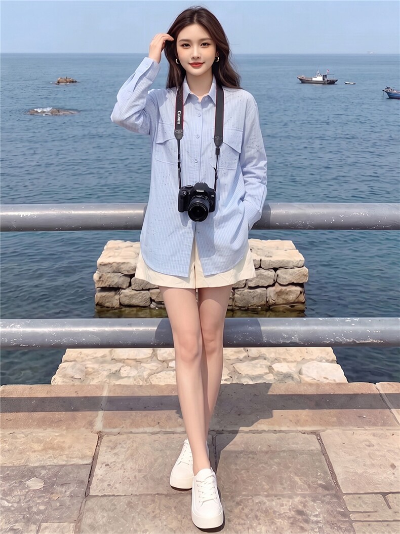 女款春秋新款设计感纯色翻领百搭单排扣宽松时尚简约小个子衬衣潮,女装衬衫,江南