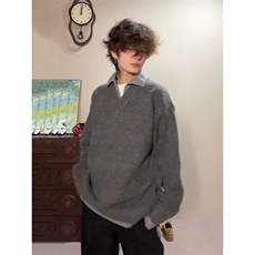 M279-P64高级感假两件V领毛衣男秋季纯色翻领针织衫内搭男，男装针织衫/毛衣，电商B323A