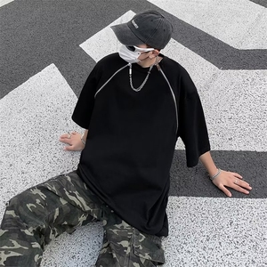 圆领T恤新款时尚都市潮夏季ins男纯色潮流时尚潮牌五分袖慵懒图片