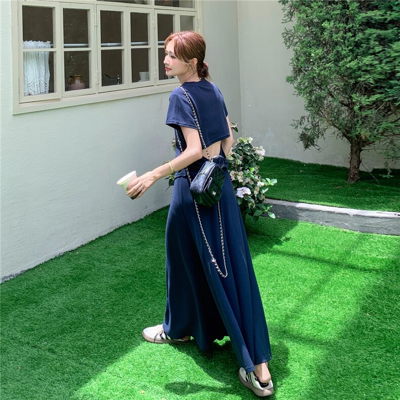 黑色后背镂空T恤半身裙套装女2025夏季新款韩系休闲显瘦两件套潮,女装套装/套裙,红龙果