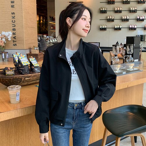 小个子纯色立领夹克拉链上衣女2022秋新款时尚百搭休闲通勤短外套,女装短外套,辉之琳