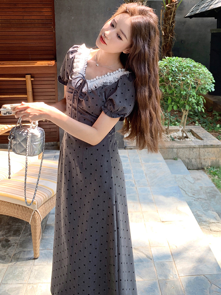 灰色波点泡泡袖连衣裙女2025夏季新款甜辣风设计感收腰显瘦长裙潮,女装连衣裙,浙宝305
