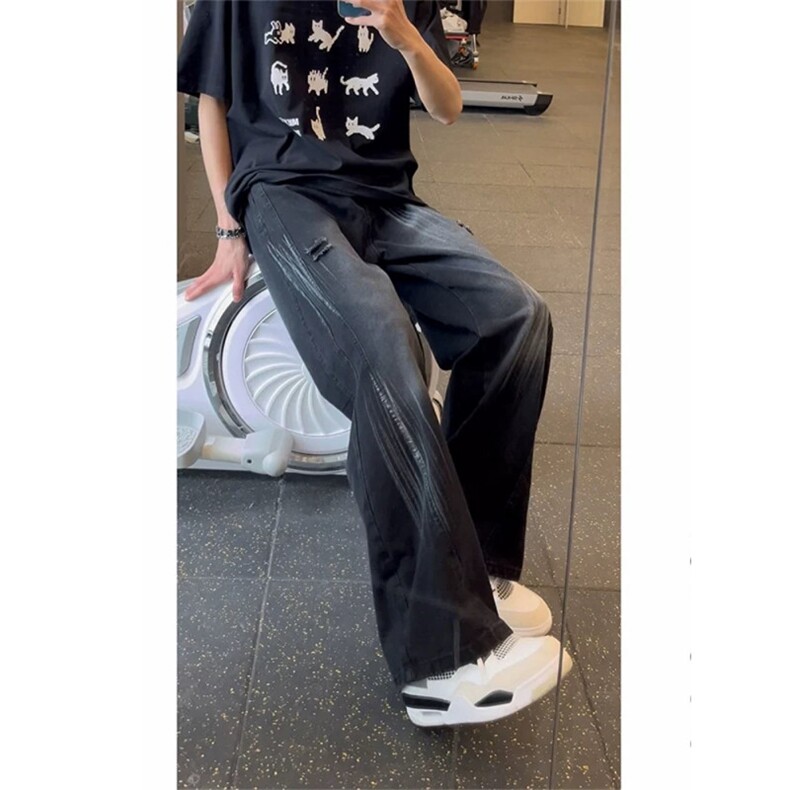 【现货】美式泼墨弯刀牛仔裤裂痕水洗长裤阔腿长裤F2124P39,男装牛仔裤,星座1112-1