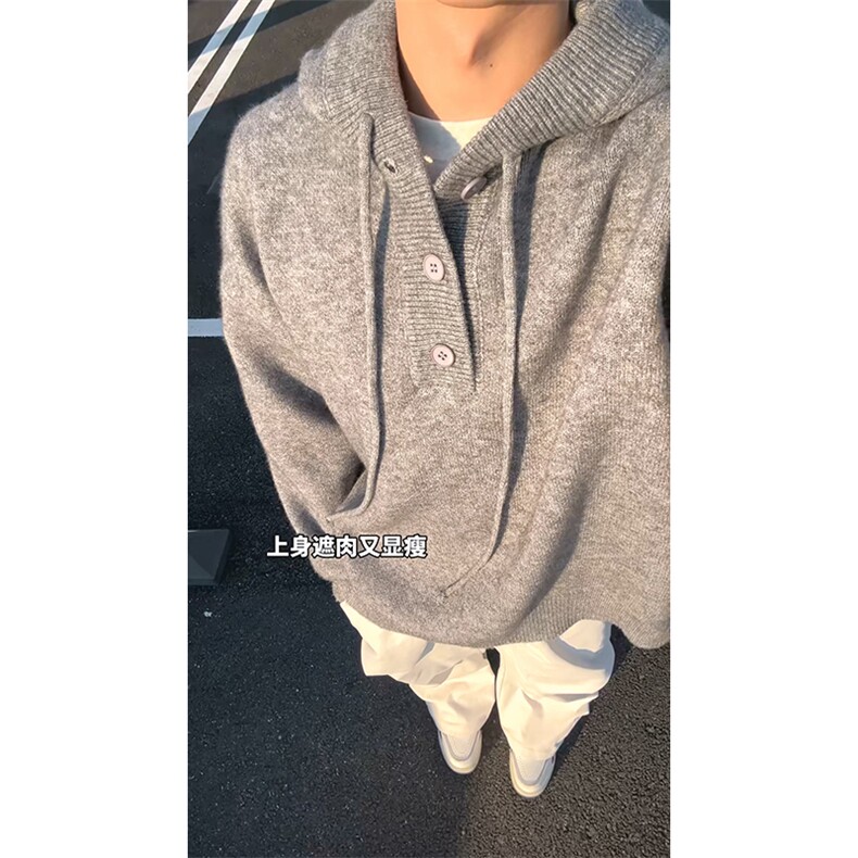 重磅秋冬装北极绒开衫毛衣美式复古休闲慵懒风针织衫加厚连帽外套，男装针织衫/毛衣，电商A486
