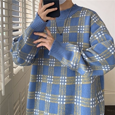 现货现货宽松圆领毛衣男秋冬格子百搭针织衫D329-QM801-P78控98，男装针织衫/毛衣，电商D329