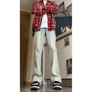 高街直筒秋季拼色裤子水洗渐变牛仔裤美式直筒微喇显瘦GJ325 P50图片