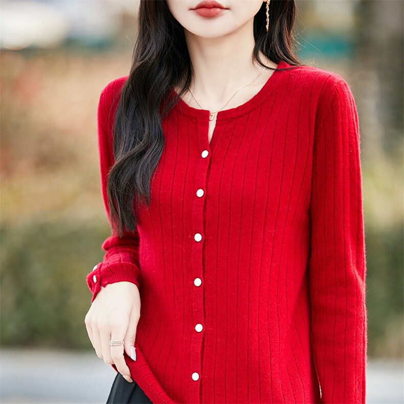 25春秋款圆领100%纯羊毛针织开衫外套女宽松抽条羊绒衫打底衫毛衣,女装羊毛衫,哲奥羊绒