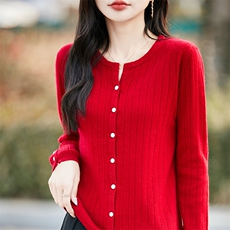 25春秋款圆领100%纯羊毛针织开衫外套女宽松抽条羊绒衫打底衫毛衣，女装羊毛衫，哲奥羊绒