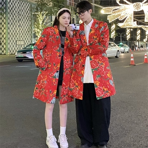 Y001男女中长款休闲风衣外套东北大花帅气外衣潮大码新中式表演出图片