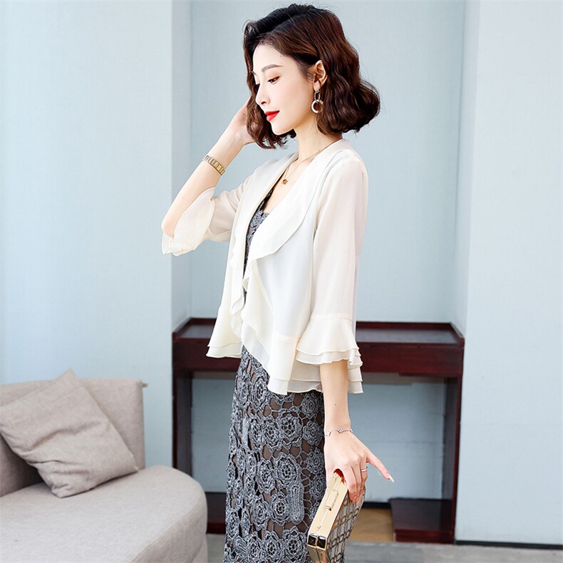 春夏雪纺小披肩开衫搭配裙子防晒衫大码百搭短款荷叶边外搭外套女，女装蕾丝衫/雪纺衫，婵米儿