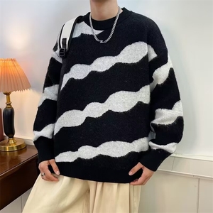撞色条纹红色毛衣男秋冬季针织衫oversize套头情侣外套M5612/P52图片