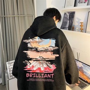 美式秋季新款麂皮绒彩色印花宽松休闲连帽卫衣JK23345特批43控69图片