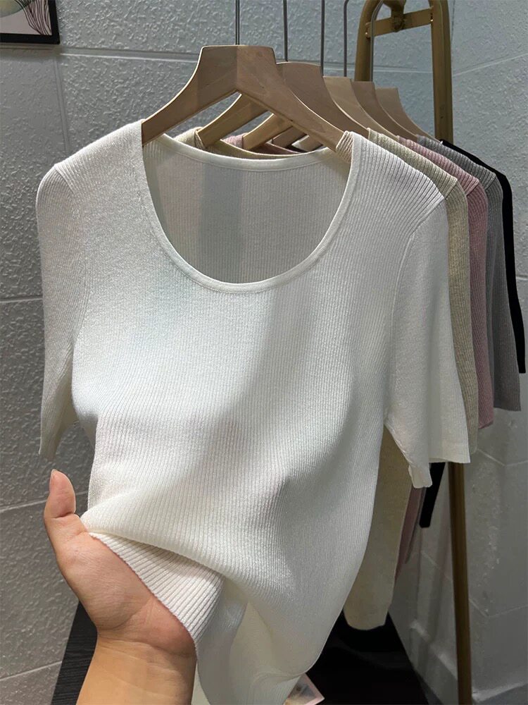 2025年夏季薄款简约U领抽条短袖，女装T恤，圣旺供货