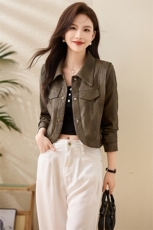 现货宽松蝙蝠袖绿色PU皮衣2024春装新款女装时尚百搭显瘦皮外套女，女装皮衣，江南女神