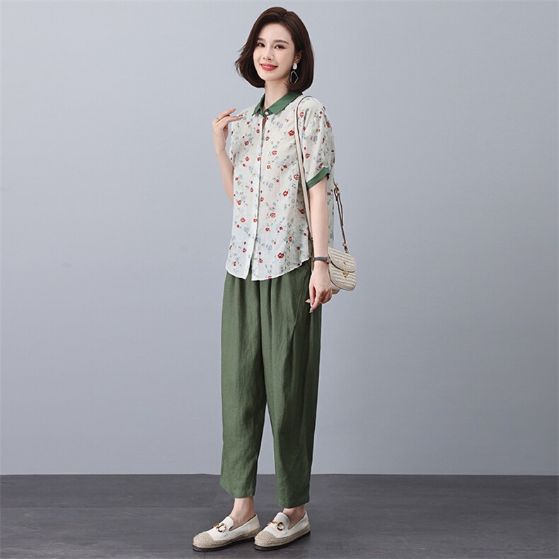 高端苎麻碎花套装纯亚麻上衣女装2025年新款夏季妈妈装棉麻两件套,女装套装/套裙,凝聚力