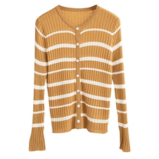 2024秋冬新款百搭简约时尚条纹修身圆领针织开衫，女装羊毛衫，尚雪电商供货