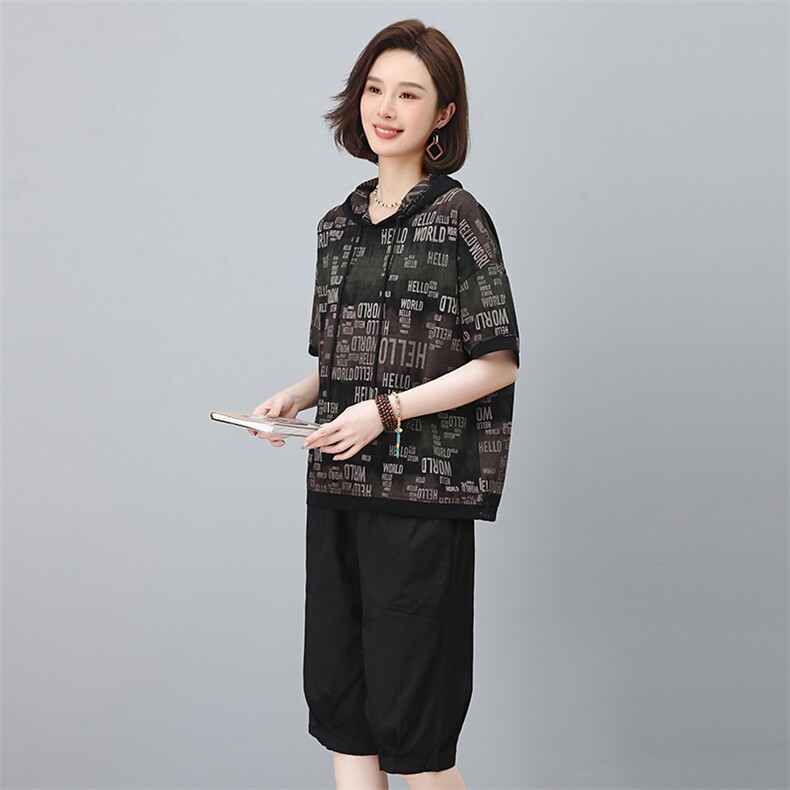 夏季冰丝休闲套装女2025新款夏装妈妈宽松洋气时尚短裤卫衣两件套,女装套装/套裙,涵誉