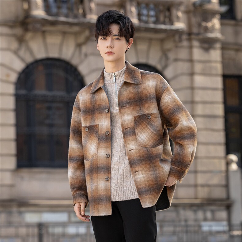 设计师款男士短款毛呢外套千鸟格翻领咖色呢子95371-P360控648，男装毛呢大衣，电商A355（原A415）