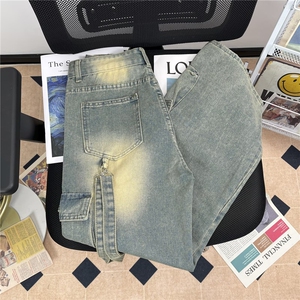 美式复古直筒黄泥染牛仔裤男秋多口袋吊带宽松工装裤潮NC46/P58图片