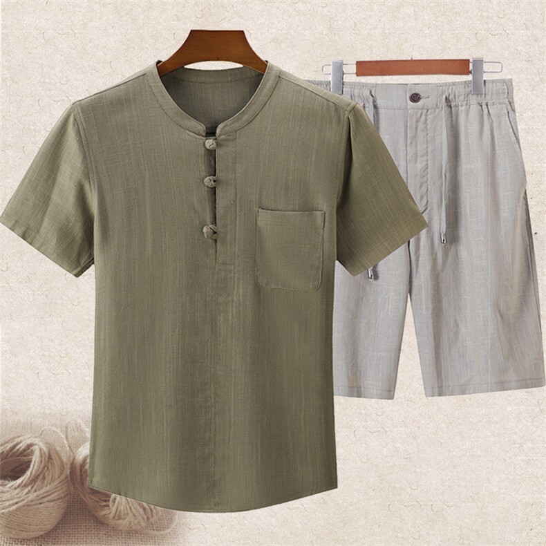 大货夏男款中老年风唐装亚麻短裤套装短袖T恤棉麻T恤短裤套装，男装牛仔裤，钱塘723