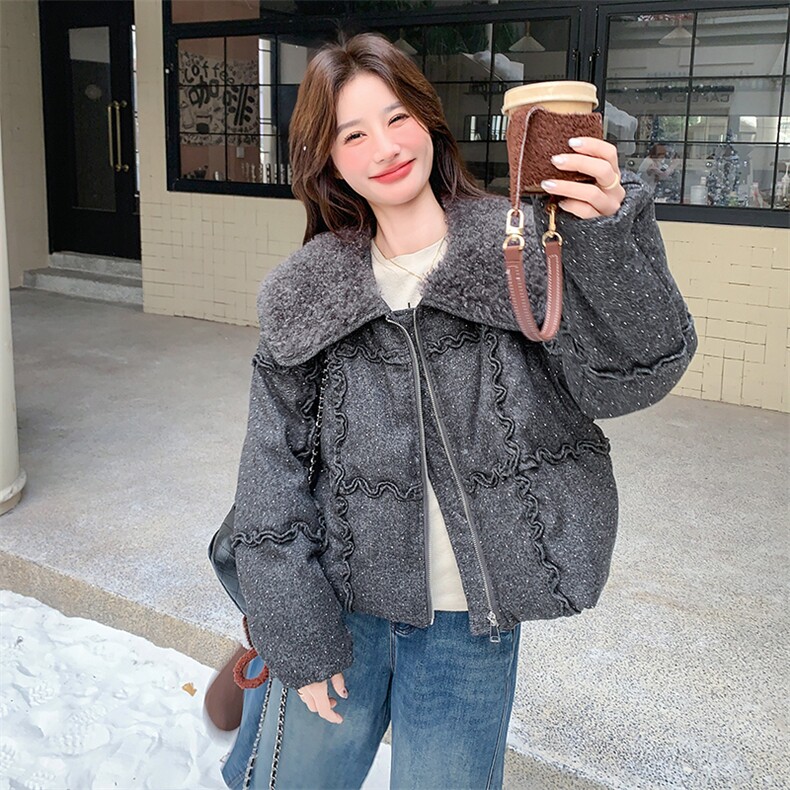 灰色羊羔毛翻领烫钻羽绒服女2025年冬季小个子加厚保暖白鸭绒外套,女装羽绒服,2C110
