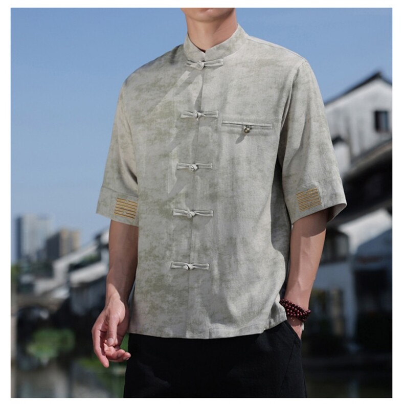 风铜扣盘扣刺绣中式立领衬衫透气开衫短袖潮A087-1-YM663P85，男装T恤，电商A087-1