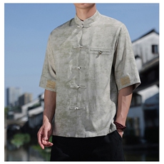 风铜扣盘扣刺绣中式立领衬衫透气开衫短袖潮A087-1-YM663P85，男装T恤，电商A087-1