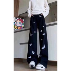 黑色阔腿牛仔裤蝴蝶刺绣男女款潮流美式高街裤子显瘦Z2150P41，男装牛仔裤，星座1112-1