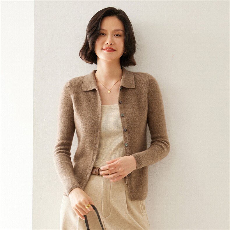 秋季新款翻领修身显瘦女士长袖35%羊绒衫,女装羊绒衫,七柒羊绒