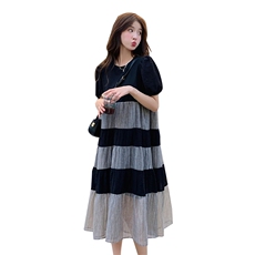 黑色拼接网纱连衣裙女2025夏季新款法式高级感宽松遮肉显瘦T恤裙，女装连衣裙，2C029