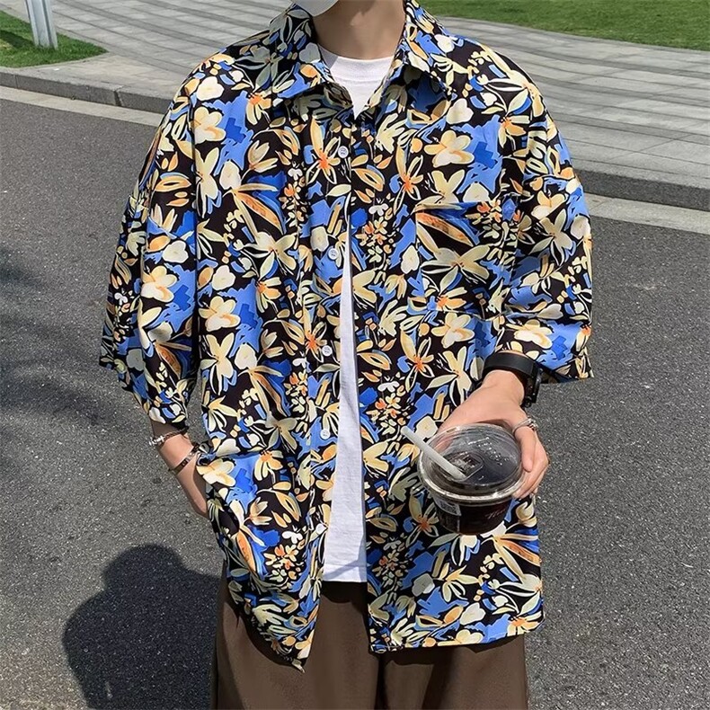 新款沙滩风短袖衬衫男女冰丝薄款情侣夏威夷衬衣痞帅潮牌外套图片