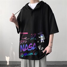 LD54186-P45NASA联名同款连帽短袖t恤男大码胖子带帽五分袖大皂风，男装T恤，电商A040